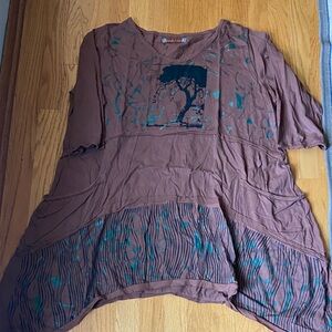 Blue Fish Brown Tunic with Artistic Tree Design